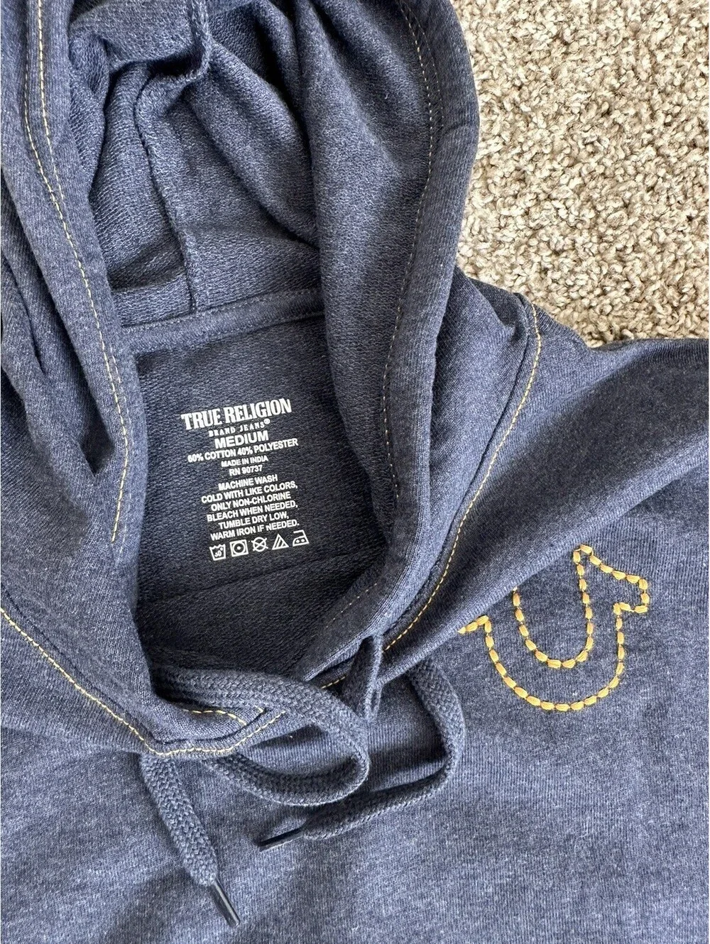 True Religion Hoodie Men's Navy EMB HS Pullover Logo Stitched Size Medium $119